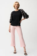 Joseph Ribkoff Black/Petal Pink Silky Knit Top with Chiffon Ruffled Sleeves