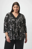 Joseph Ribkoff Ladies Black/Moonstone Silky Knit Face Print Flared Top