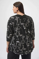 Joseph Ribkoff Ladies Black/Moonstone Silky Knit Face Print Flared Top