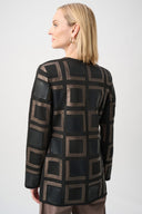 Joseph Ribkoff Ladies Black/Multi Leatherette and Scuba Collarless Two-Tone Jacket