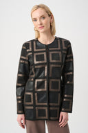 Joseph Ribkoff Ladies Black/Multi Leatherette and Scuba Collarless Two-Tone Jacket