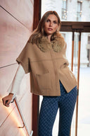 Joseph Ribkoff Ladies Camel Sweater Knit Jacket With Detachable Faux Fur Collar