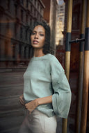 Joseph Ribkoff Ladies Frosted Mint Melange Brushed Viscose And Nylon Knit Tulip Sleeve Sweater