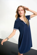 Joseph Ribkoff Ladies Indigo Silky Knit Trapeze Dress With Polo Collar