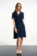 Joseph Ribkoff Ladies Indigo Silky Knit Trapeze Dress With Polo Collar