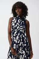 Joseph Ribkoff Ladies Midnight Blue/Beige Silky Knit Abstract Print Sleeveless Top
