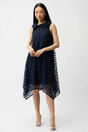 Joseph Ribkoff Ladies Midnight Blue Dot Embroidered Mesh Handkerchief Dress With Cowl Collar
