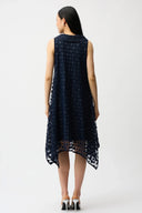 Joseph Ribkoff Ladies Midnight Blue Dot Embroidered Mesh Handkerchief Dress With Cowl Collar