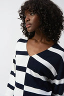 Joseph Ribkoff Ladies Midnight Blue/Vanilla Striped Sweater Knit V-Neck Top