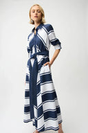 Joseph Ribkoff Ladies Navy/White Cotton Stripe Print Fit and Flare Shirt Dress with Reversible Sash