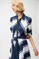 Joseph Ribkoff Ladies Navy/White Cotton Stripe Print Fit and Flare Shirt Dress with Reversible Sash