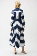 Joseph Ribkoff Ladies Navy/White Cotton Stripe Print Fit and Flare Shirt Dress with Reversible Sash