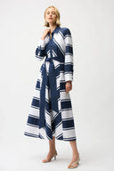 Joseph Ribkoff Ladies Navy/White Cotton Stripe Print Fit and Flare Shirt Dress with Reversible Sash