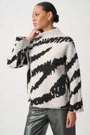 Joseph Ribkoff Ladies Oatmeal Melange/Black Animal Print Mock Neck Pullover