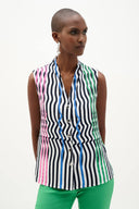 Joseph Ribkoff Ladies Vanilla/Multi Recycled Woven Stripe Print Sleeveless Boxy Blouse