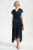 Joseph Ribkoff Signature Ladies Midnight Blue/Vanilla Chiffon Print Wrap Dress With Ruffle Detail
