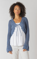 Room 34/Dex Ladies Indigo Tie Front Crochet Cardigan