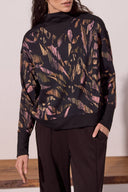 Tribal Ladies Black Mock Neck Printed Top w/Combo Rib