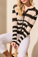 Tribal Ladies Black LS Crewneck Button Front Crochet Top
