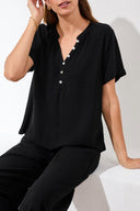 Tribal Ladies Black SS Blouse w/Buttoned Placket