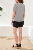 Tribal Ladies Black Stripe SS Top W/Laceup
