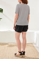 Tribal Ladies Black Stripe SS Top W/Laceup