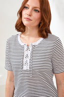 Tribal Ladies Black Stripe SS Top W/Laceup