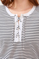 Tribal Ladies Black Stripe SS Top W/Laceup