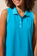 Tribal Ladies Cerulean Sleeveless Polo Top w/Scallop Edge Rib Details