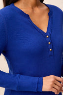 Tribal Ladies Electric Blue Waffle Henley Top w/Buttons