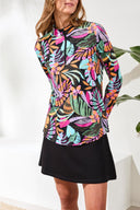 Tribal Ladies LS 1/4 Zip Mock Neck Tropical Performance Top w/Side Slits