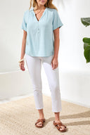 Tribal Ladies Light Aqua Sky SS Blouse w/Buttoned Placket