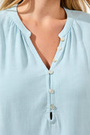 Tribal Ladies Light Aqua Sky SS Blouse w/Buttoned Placket