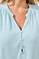 Tribal Ladies Light Aqua Sky SS Blouse w/Buttoned Placket