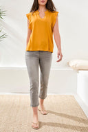 Tribal Ladies Mixed Media Daffodil Ruffle Sleeve V-Neck Top
