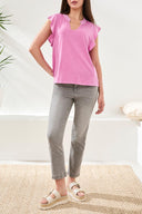 Tribal Ladies Mixed Media Orchidglow Ruffle Sleeve V-Neck Top
