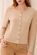 Tribal Ladies Oatmeal LS Crew Neck Cardi Top