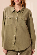 Tribal Ladies Olive Stone Classic denim Shirt w/Roll-up Sleeves