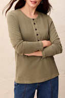 Tribal Ladies Olive Stone LS Top w/Combo Detail @ Placket