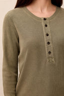 Tribal Ladies Olive Stone LS Top w/Combo Detail @ Placket