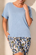 Tribal Ladies Scuba Blue SS Crew Neck Top w/Back Shirring