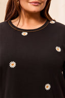 Tribal Ladies Size Inclusive Black Crew Neck Top w/Embroidery
