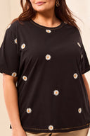 Tribal Ladies Size Inclusive Black Crew Neck Top w/Embroidery