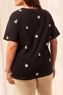 Tribal Ladies Size Inclusive Black Crew Neck Top w/Embroidery