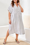 Tribal Ladies Size Inclusive White/Black Flowy Shirt Dress w/Slit & Hidden Placket