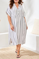 Tribal Ladies Size Inclusive White/Black Flowy Shirt Dress w/Slit & Hidden Placket