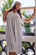 Tribal Ladies Size Inclusive White/Black Flowy Shirt Dress w/Slit & Hidden Placket