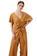 Tribal XIX Palms Ladies SS Ruched Drawstring Linen Sandcastle Blouse