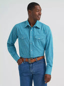 Wrangler Men's Wrinkle Resist Long Sleeve Western Snap Rich Teal Plaid Shirt