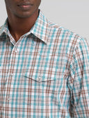 Wrangler Men's Wrinkle Resist Long Sleeve Western Snap Turquoise Plaid Shirt